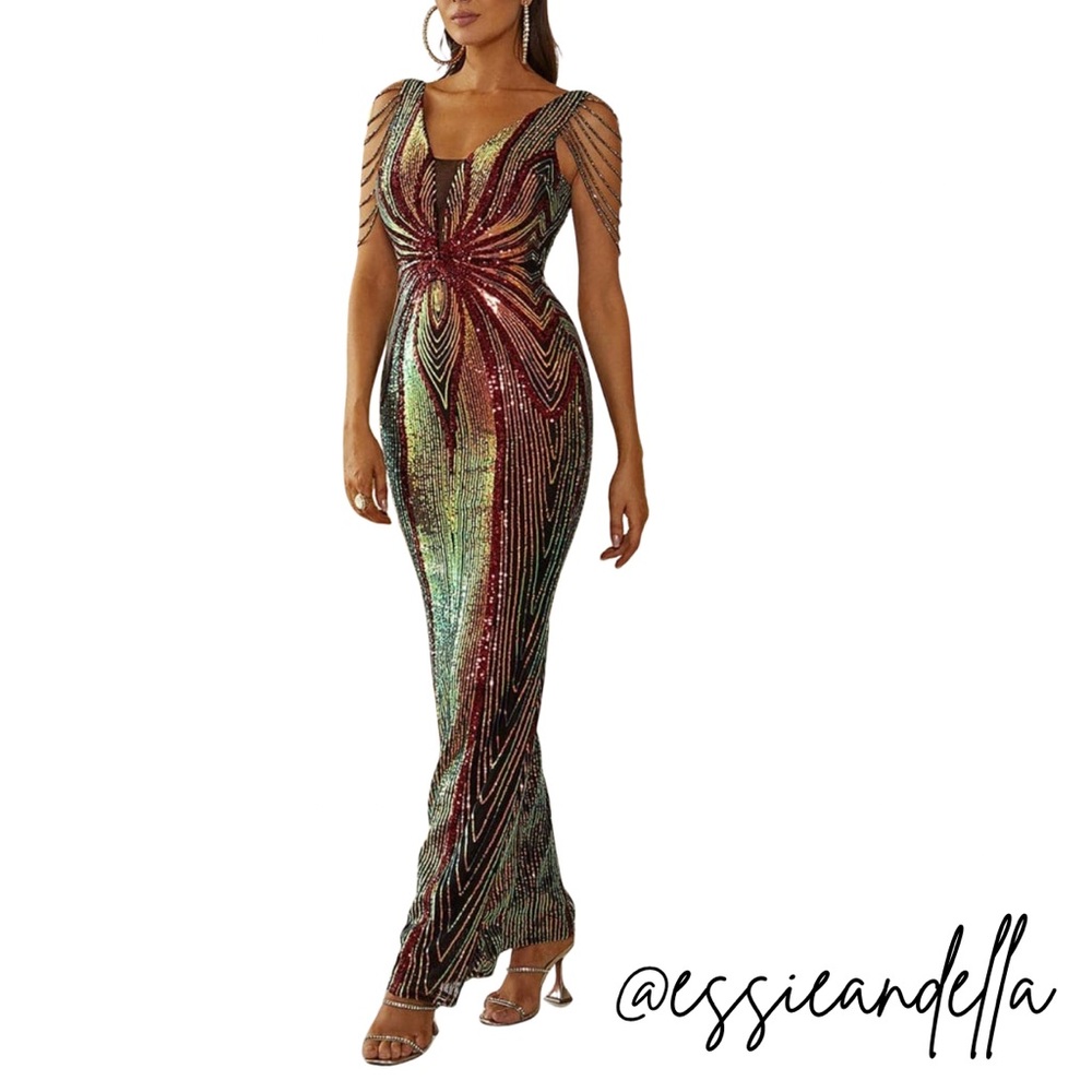 V Neck Elegant Multicolor Maxi Sequin Prom Dress